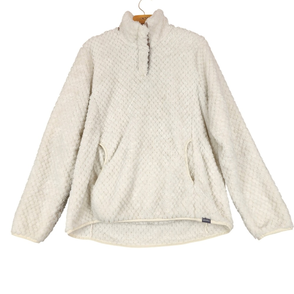 Eddie Bauer Women XL Sherpa Fleece Snap Neck Pullover Ivory Cream Cozy